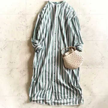 새상품급 티카 밴드 카라 그린 셔츠 롱 기장 원피스