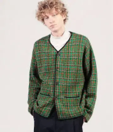 Caban 그린과 오렌지 체크 가디건