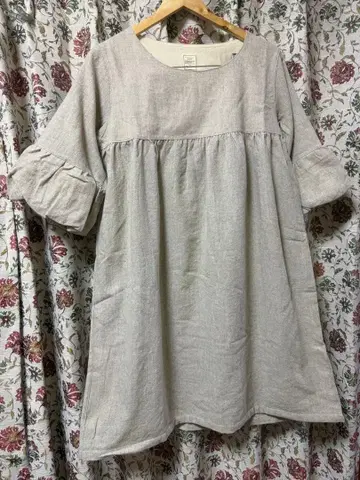 새상품 ICHI 내추럴 벌룬 소매 7부 소매 튜닉 원피스 베이지