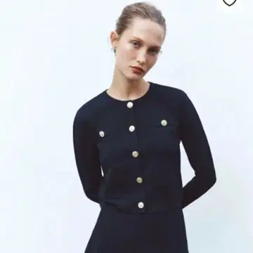 ZARA 네이비 노카라 자켓 골드 버튼 니트 가디건