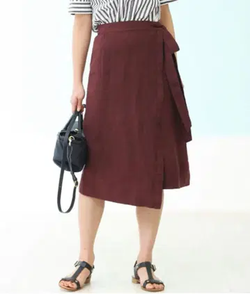 Rouge vif 린넨 100% 랩 스커트 와인 레드