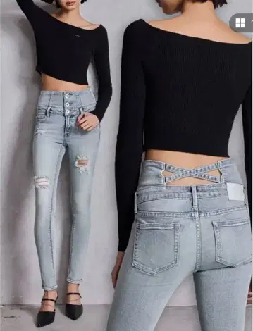 GYDA 하이웨스트 크로스 데미지 스키니 데님