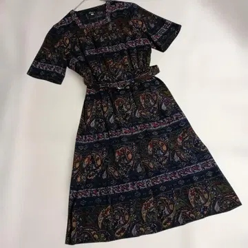 페이즐리 패턴 반팔 플리츠 원피스 13호 쇼와 레트로