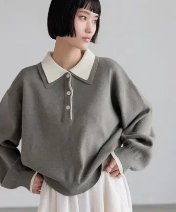 LOWRYSFARM 바이컬러 폴로 니트 롱 슬리브 그레이