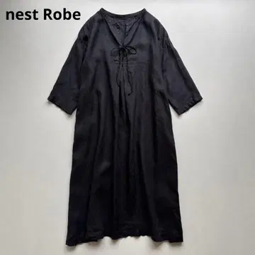 네스트로브 린넨 스키퍼 스모크 원피스 앞뒤 턱 7부 소매 블랙