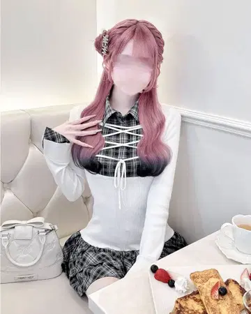 레이스업 도킹 체크 원피스 화이트 HONEY MEW 택 포함