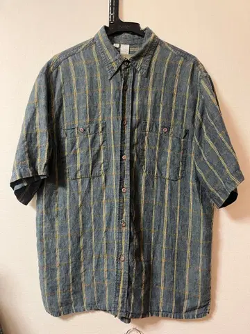 린넨 x 실크 혼방 반팔 체크 셔츠 M 오픈 카라풍 빈티지 구제 의류