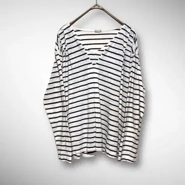 니코앤드 V넥 티셔츠 보더 린넨 혼방 레이어드 스타일 화이트 x 네이비