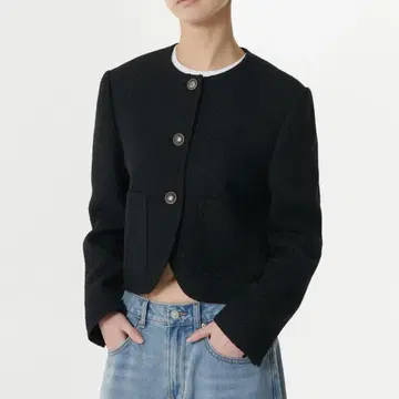 MUSINSA 택 포함 라운드넥 트위드 자켓 블랙 우먼