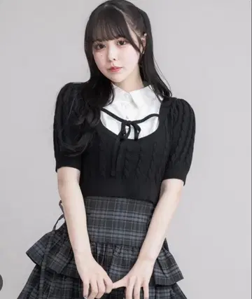 pium 레이어드 케이블 니트 반팔 블랙 오늘 한정 가격