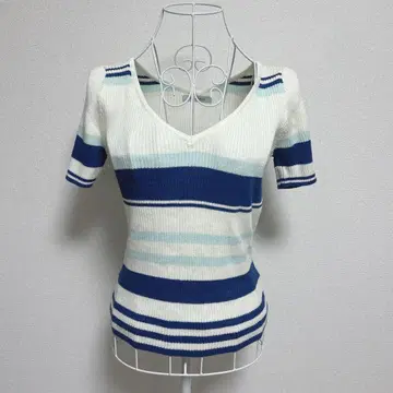 립서비스 F 반팔 니트 V넥 아이보리/블루 보더
