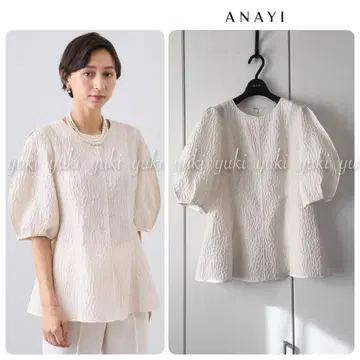 ANAYI 후쿠레 자카드 퍼프 소매 페플럼 블라우스