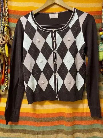 브라운 핑크 아가일 니트 가디건 꽃 비즈 히메갸루 위시코어