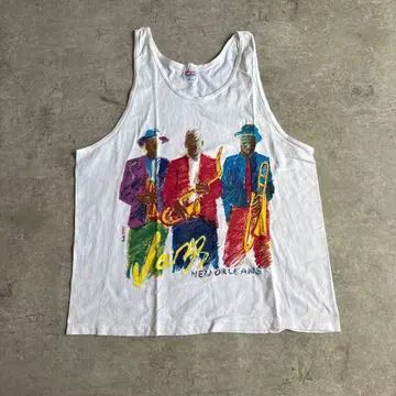 90s 빈티지 Hanes 재즈 아트 프린트 탱크탑 XL 화이트