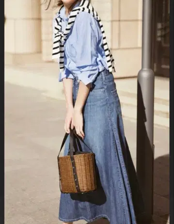 극미품 PLST 별주 워드 블루 데님 플레어 맥시 롱 스커트 S