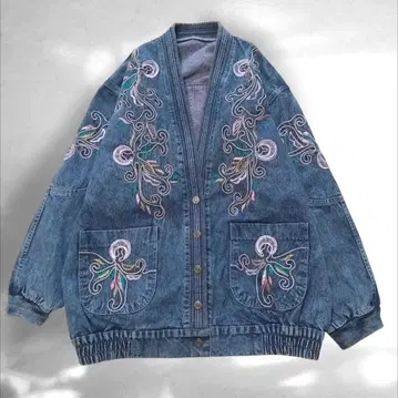 개성파 구제 의류 입체 라인 자수 데님 빈티지 가디건 자켓