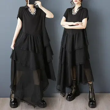 블랙 쉬폰 불규칙 체형 커버 티어드 롱 원피스 빅 사이즈 여름
