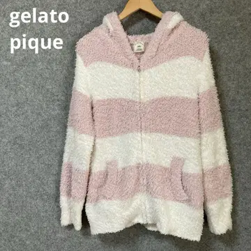 gelato pique 후드 부착 핑크 화이트 스트라이프 플리스 자켓
