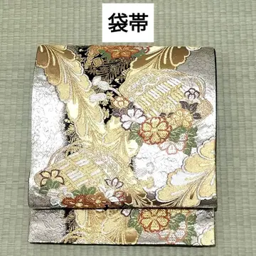 후쿠로 오비 순수 실크 꽃 북 갑옷 금 은 육통 무늬