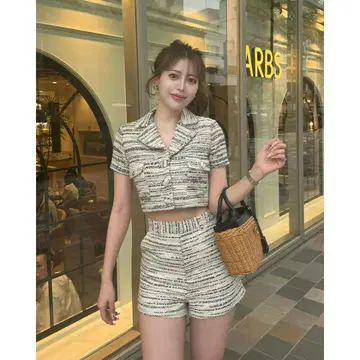 믹스 트위드 하프 슬리브 자켓 팬츠 셋업