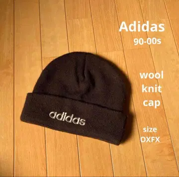 90s Adidas 브라운 브라운 로고 자수 울 니트 모자 비니