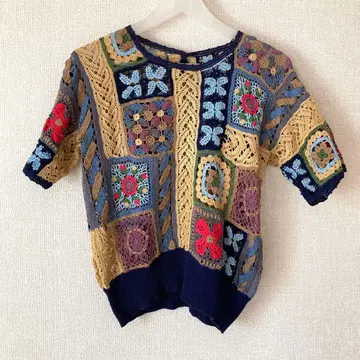 빈티지 레트로 00s 크로셰 열쇠뜨기 패치워크 반팔 멀티 컬러
