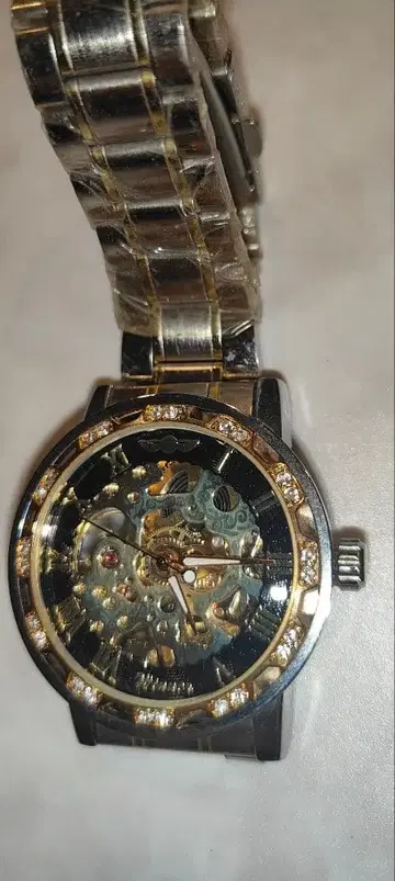 스켈레톤 수동 와인딩 시계 블랙 x 골드 남성용 작동품