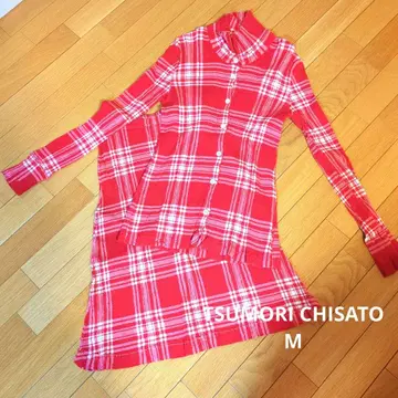 츠모리치사토 블라우스&스커트 빨간색 체크 주름 가공 크레프리