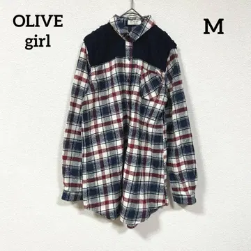 OLIVE girl 체크 무늬 긴팔 셔츠 이소재 니트 네이비