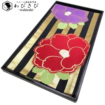 후쿠로 오비 세로 줄무늬 동백꽃 무늬 블랙 컬러 후리소데 O-4823