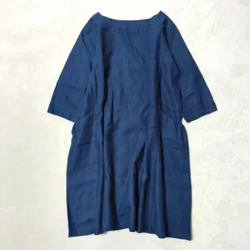 헤븐리 린넨 원피스 풀오버 무릎 기장 사이드 포켓 네이비