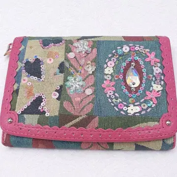 Think Bee! 장지갑 비즈 자수 하트 무늬 핑크 패치워크 대용량