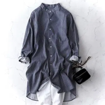 컨디션 최상 네스트로브 스트라이프 롱 셔츠 세탁 가능 면 린넨 일본제