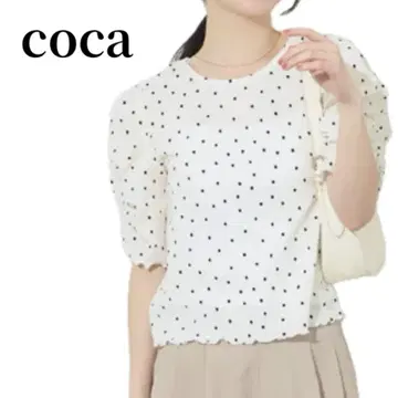 coca 도트 무늬 주름 셔링 상의 여성용 S 화이트