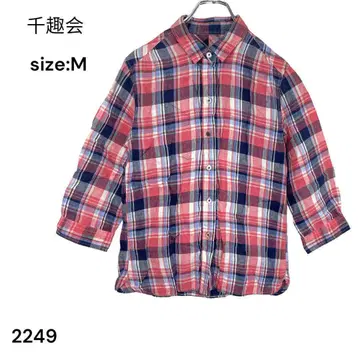 센슈카이 셔츠 상의 긴팔 M 체크 무늬 린넨 멋쟁이