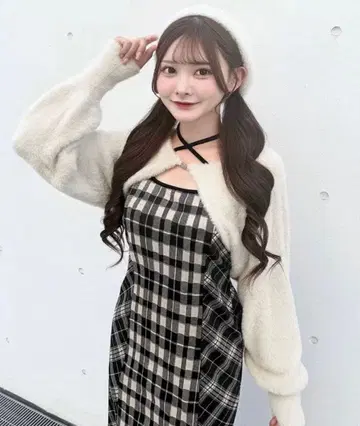 NOMAE 샤기 볼레로 롱 체크 원피스 베이지 체크