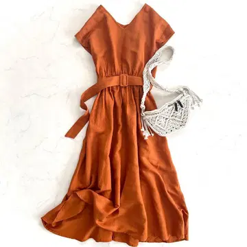 빔즈 리넨 혼방 롱 원피스 벨트 포함 프렌치 슬리브 오렌지