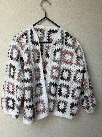그래니 스퀘어 뜨기 7부 소매 cotton 가디건 핸드메이드 1점
