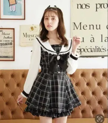 LIZLISA 리즈리사 세일러 카라 셋업 블랙 체크 긴팔