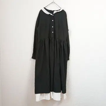 카라 부착 플레어 원피스 블랙 절개 개더 M