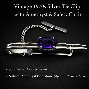 SILVER 각인 빈티지 보라색 돌 넥타이핀 체인 포함 실버