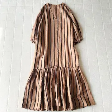 DouDou 린넨 혼방 스트라이프 패턴 7부 소매 원피스 롱 원피스
