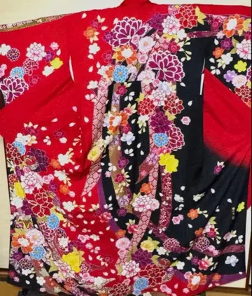 빨간색 검정 길상 노시 모란 후리소데 기장 160