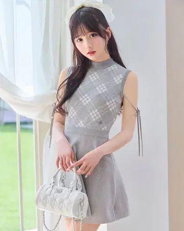 미셸 마카롱 체크 리본 미니 원피스 XS 그레이 덕질 트윈룩