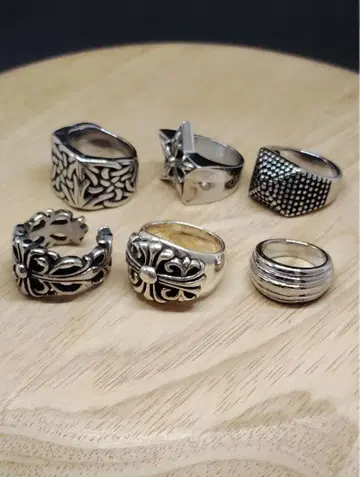 묵직한 6점 SET 98g 플로럴 키퍼 고딕 크로스 링 실버 14~27