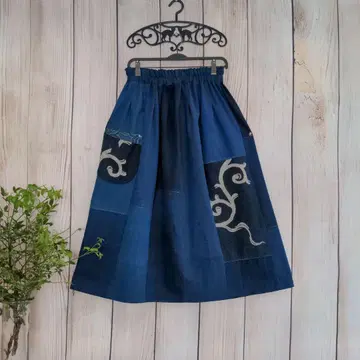 네이비 나염 목화 통 직조 패턴 염색 개더 스커트