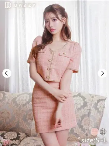 DAZZY 펄 버튼 믹스 트위드 반팔 타이트 미니 셋업