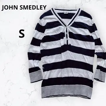 존스메들리 씨 아일랜드 코튼 7부 소매 보더 니트 영국제 다크 네이비