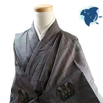 C86 치도리야 기모노 이중 기모노 오시마 명주 블랙 거북이 등껍질 무늬