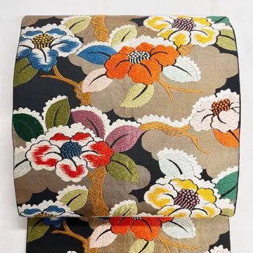 후쿠로 오비 세미 앤티크 꽃 블랙 베이스 기모노 오비 055k o